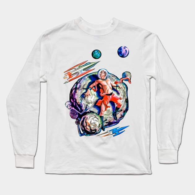 imaginative tales man chained next to a skeleton on a meteorite in space surrounded by spaceships and stars retro vintage comic book cover Long Sleeve T-Shirt by REVISTANGO